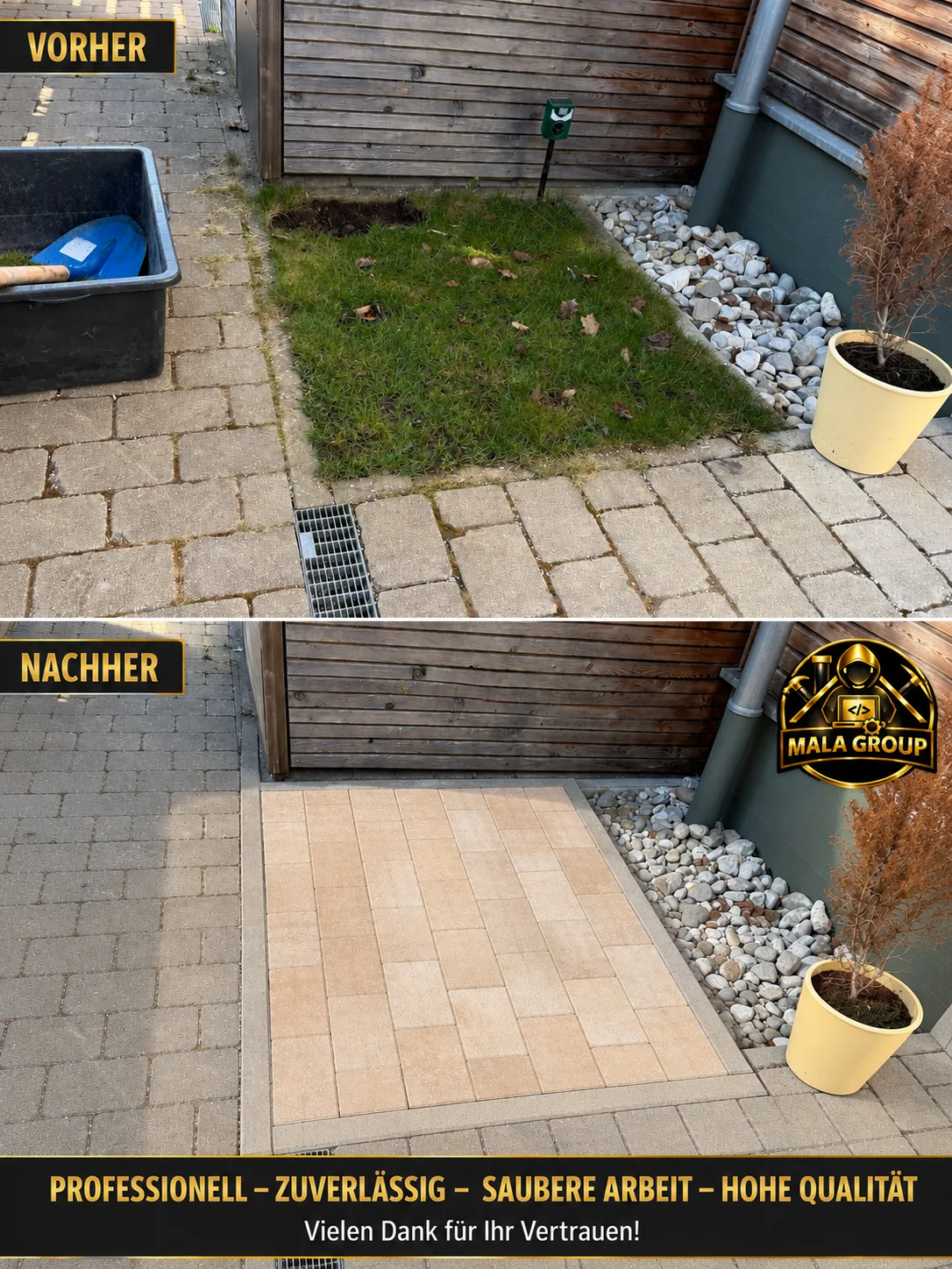 Pflasterarbeiten im Garten Vorher Nachher von Mala Group